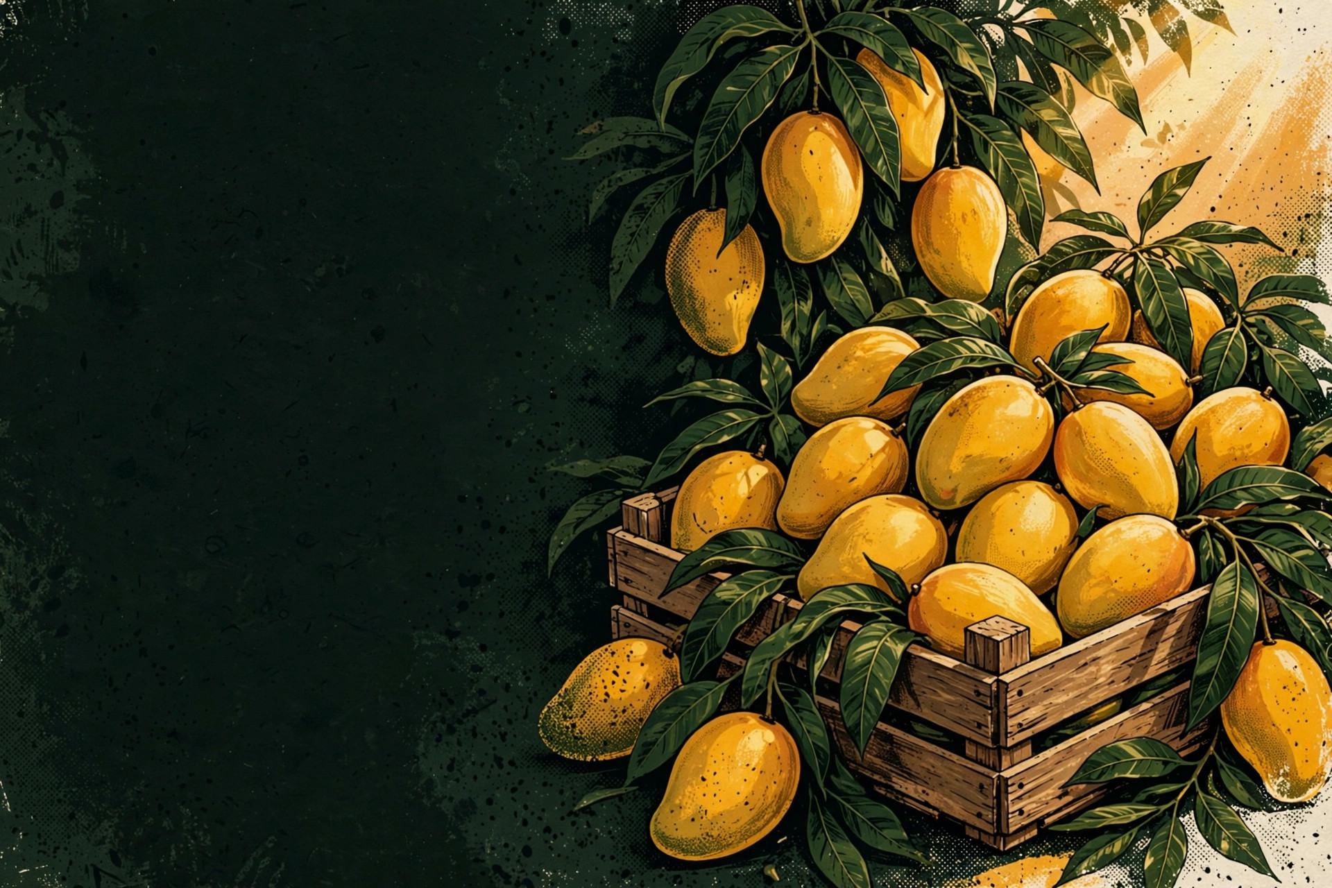 Illustrated crate overflowing with ripe golden mangoes and green leaves