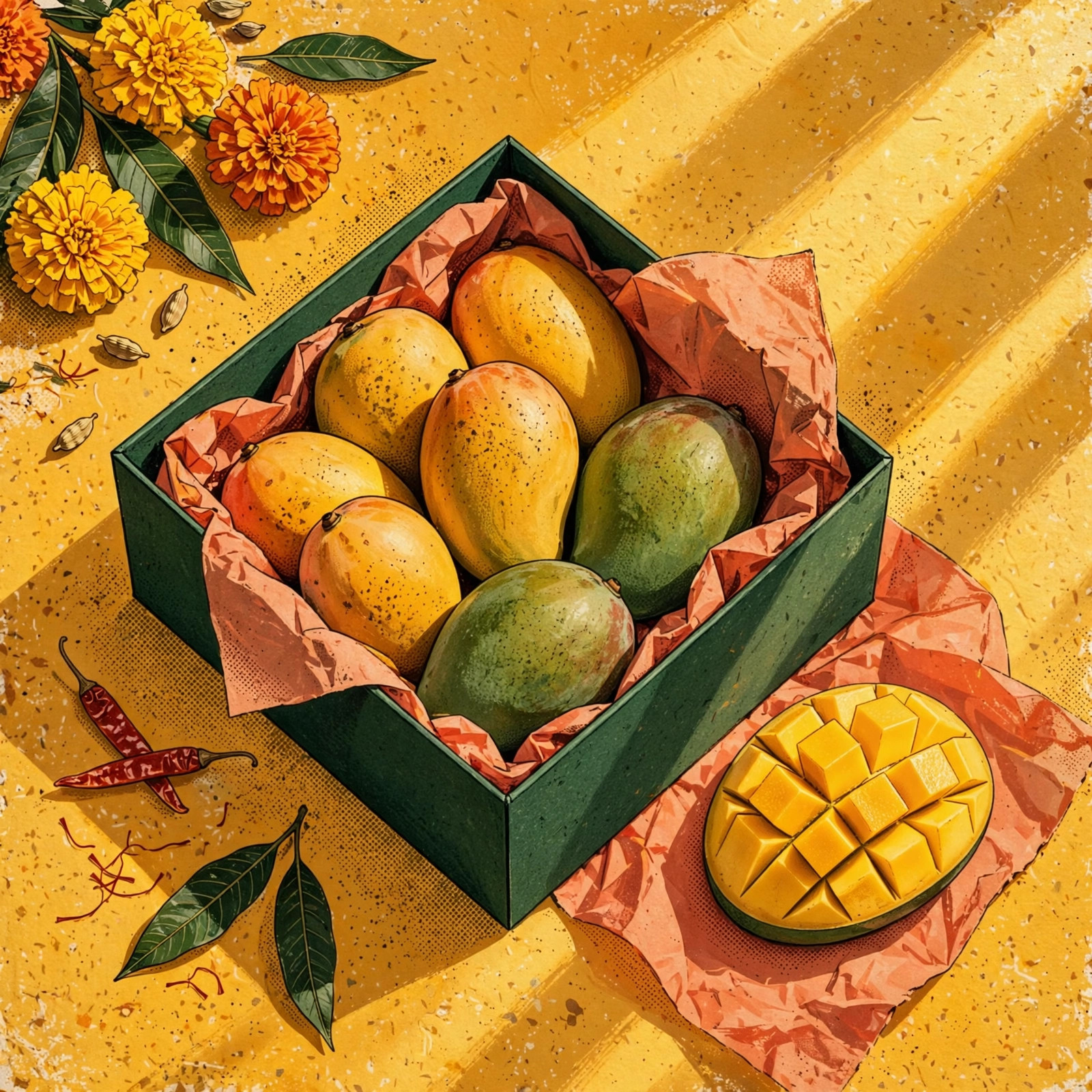 Illustrated green gift box filled with assorted South Asian mangoes